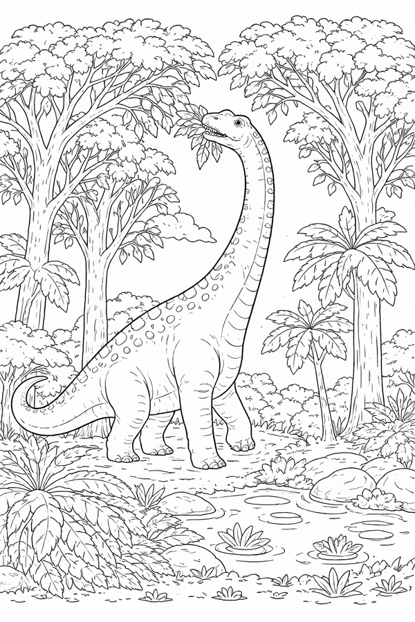 Brachiosaurus eating leaves from tall trees coloring page