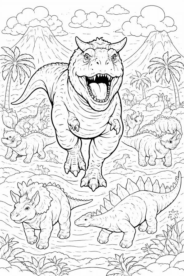 Carnotaurus running towards a herd coloring page