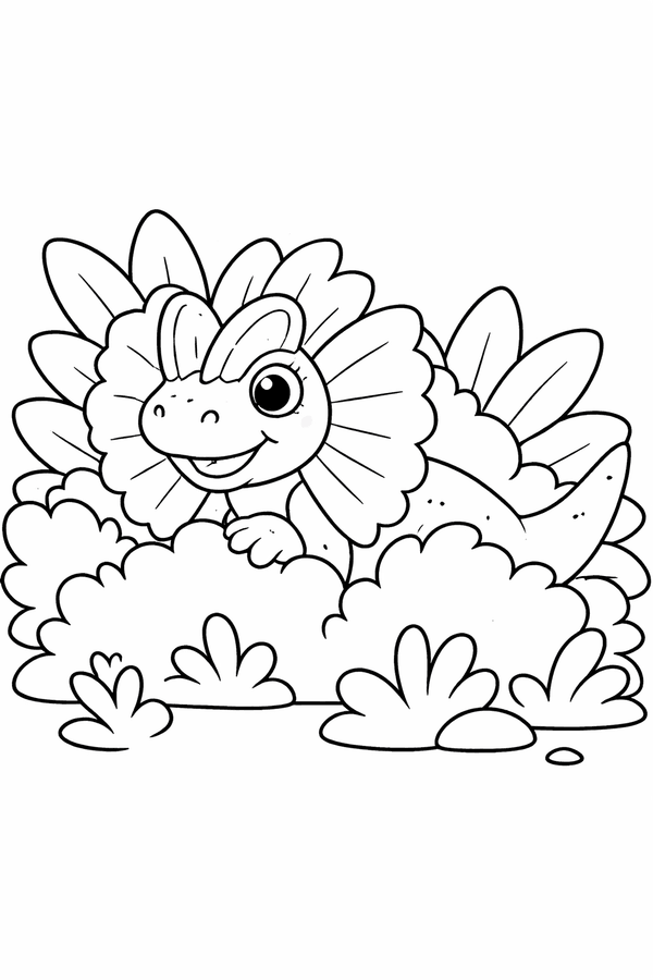 Dilophosaurus hiding in the bush coloring page