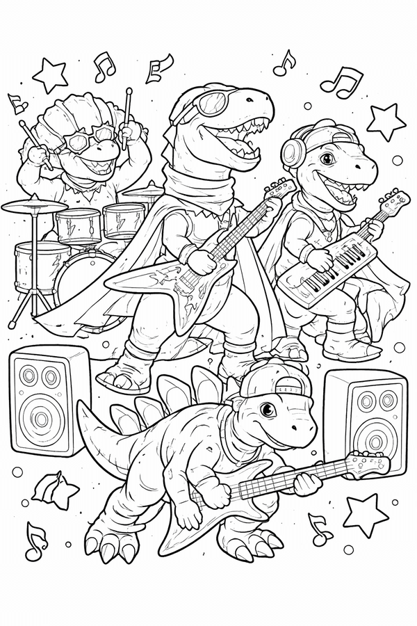 Dinosaur band playing rock music coloring page