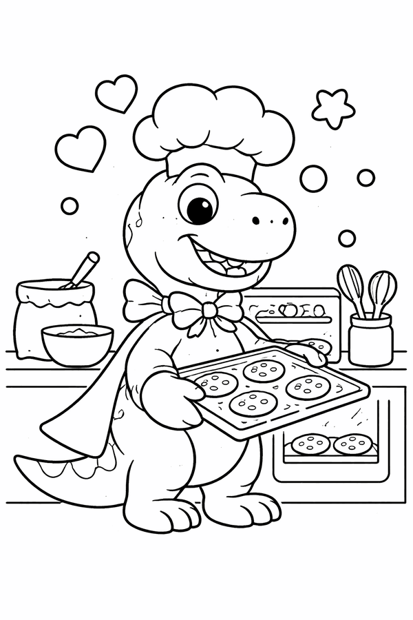 Dinosaur chef baking cookies coloring page