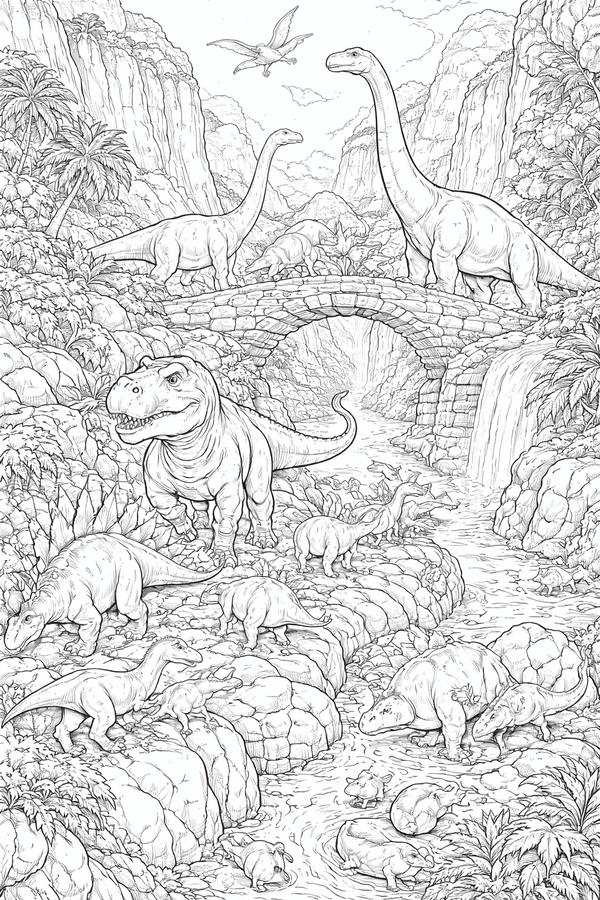 Dinosaur herd crossing a rocky canyon coloring page