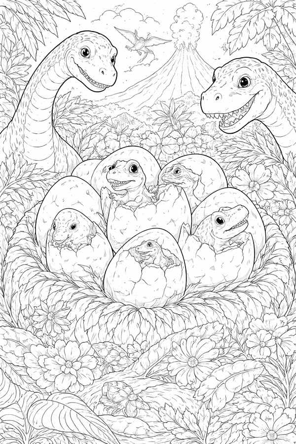 Dinosaur nest with hatching eggs coloring page