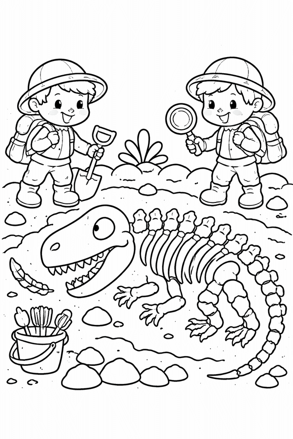 Dinosaur skeleton discovered by explorers coloring page