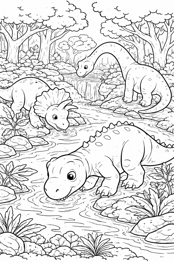Dinosaurs drinking from a forest stream coloring page