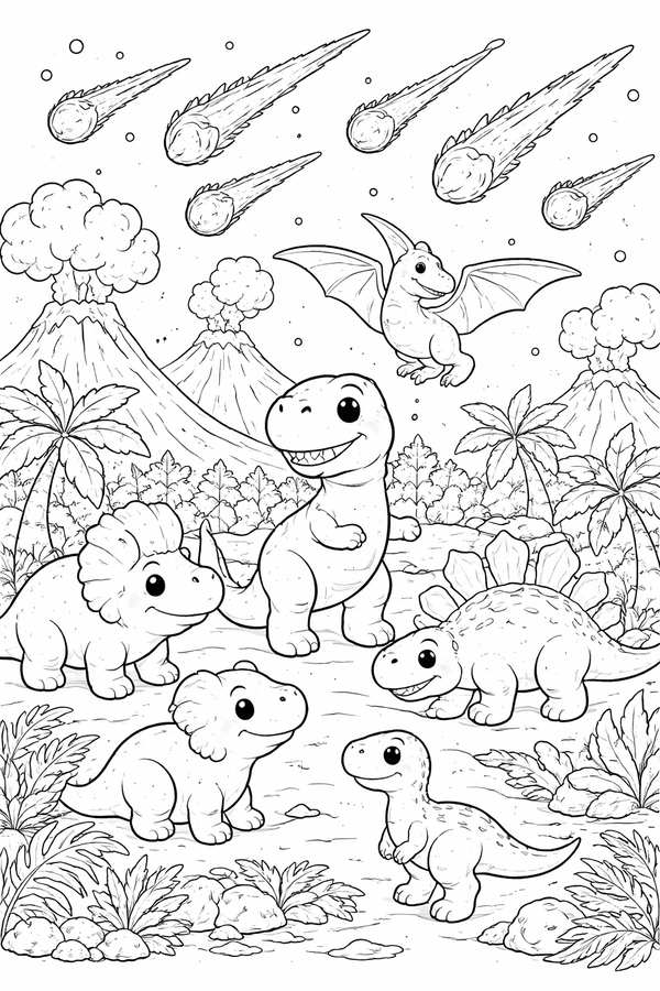 Dinosaurs gathering before a meteor shower coloring page
