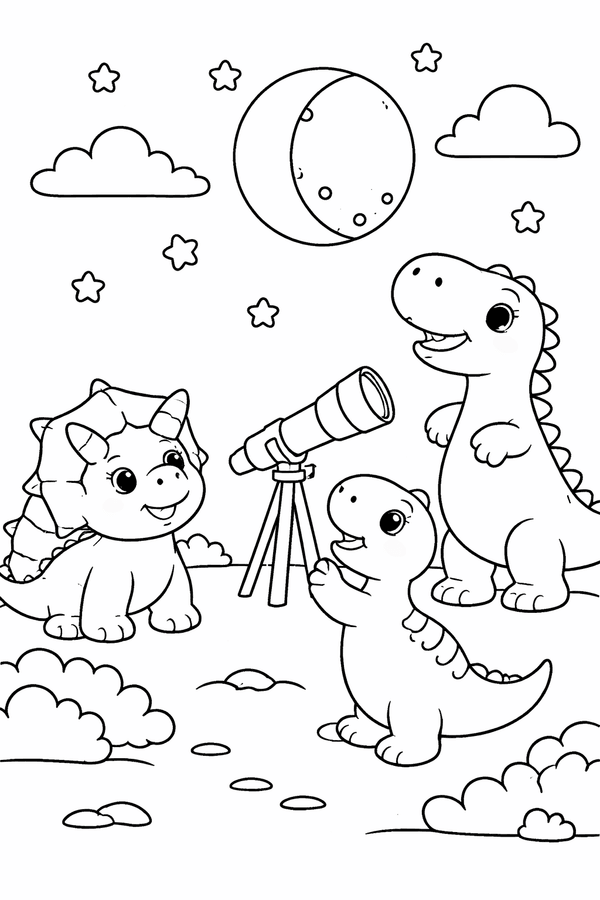 Dinosaurs observing a lunar eclipse coloring page