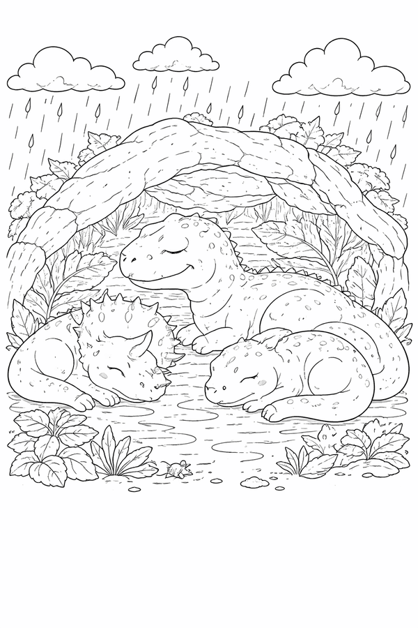 Dinosaurs resting during a rainstorm coloring page
