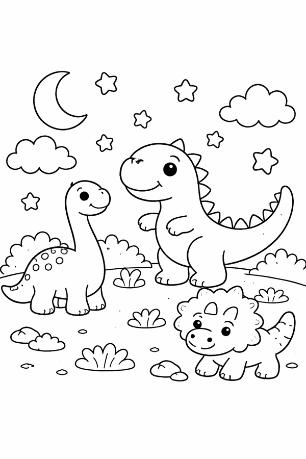 Dinosaurs under a starry night sky coloring page