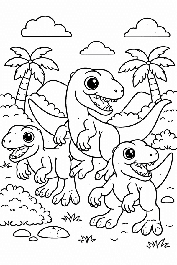 Group of raptors hunting together coloring page