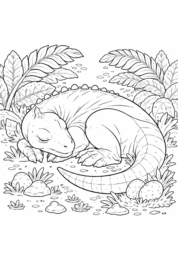 Iguanodon curling up for sleep coloring page