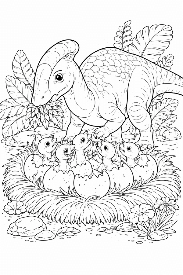 Maiasaura feeding her babies coloring page