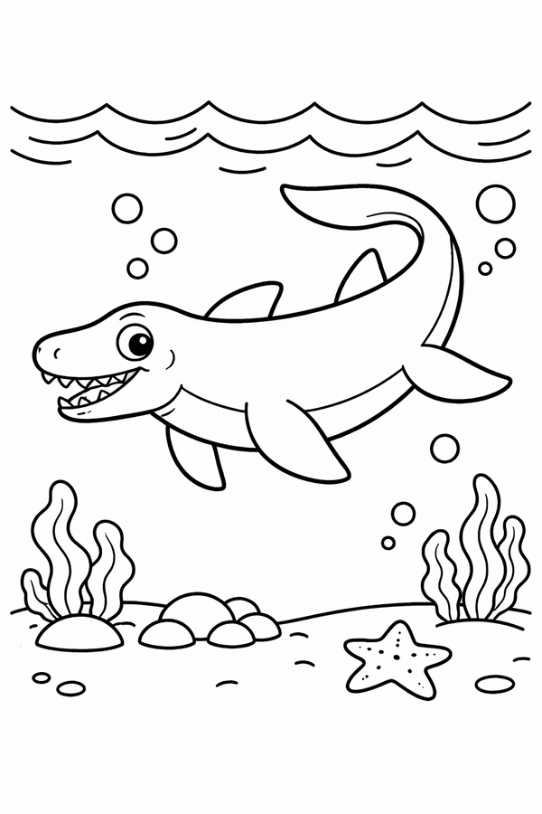 Mosasaurus swimming deep in the ocean coloring page