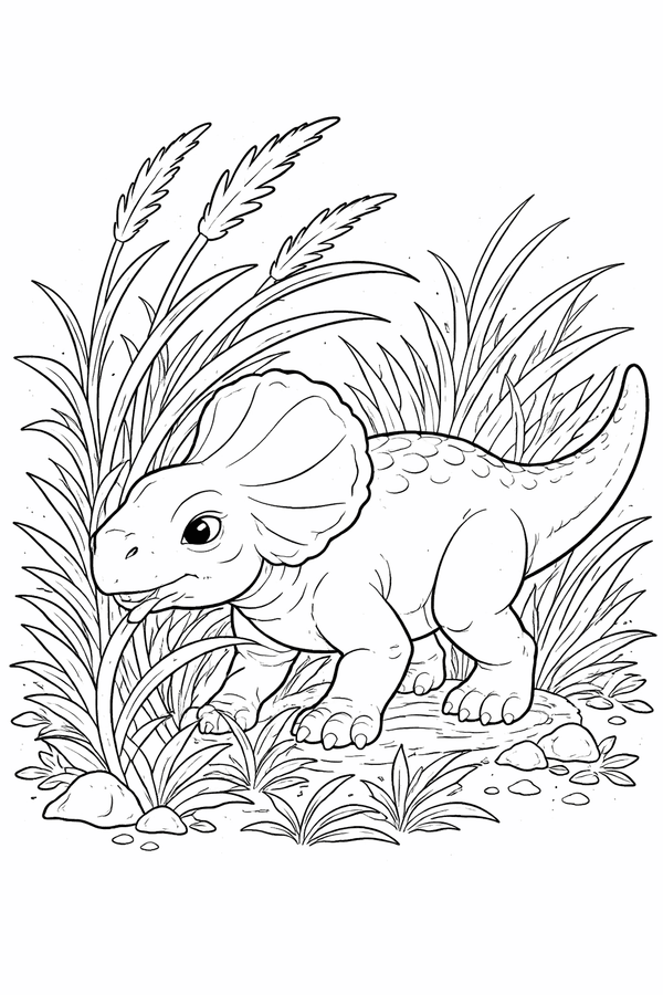 Protoceratops brushing against tall grass coloring page