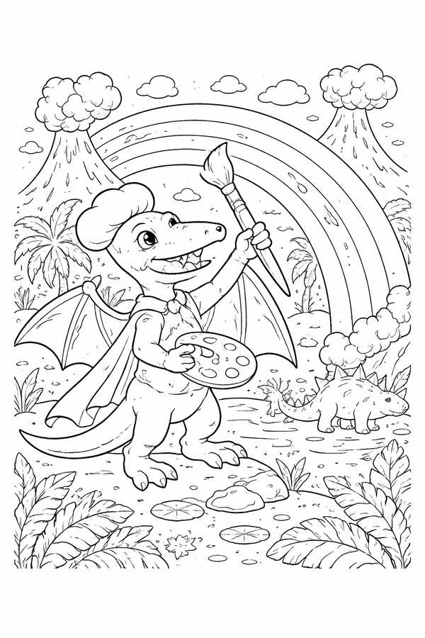 Pterodactyl painting a rainbow coloring page