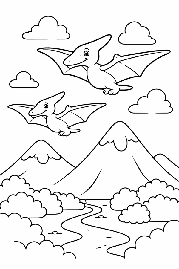 Pterodactyls soaring over mountains coloring page