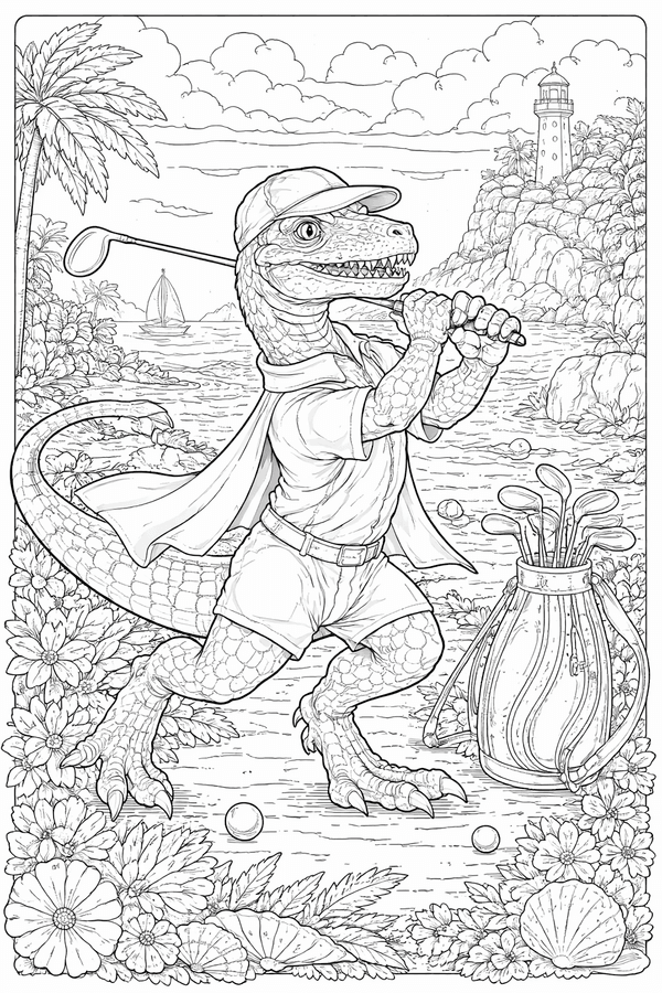 Raptor playing golf on the coast coloring page
