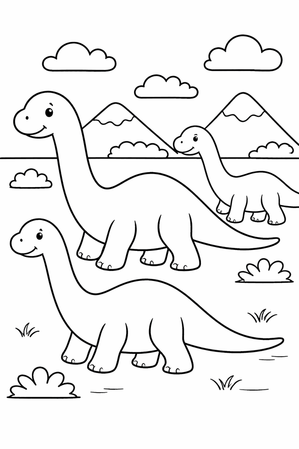 Sauropods marching across a plain coloring page