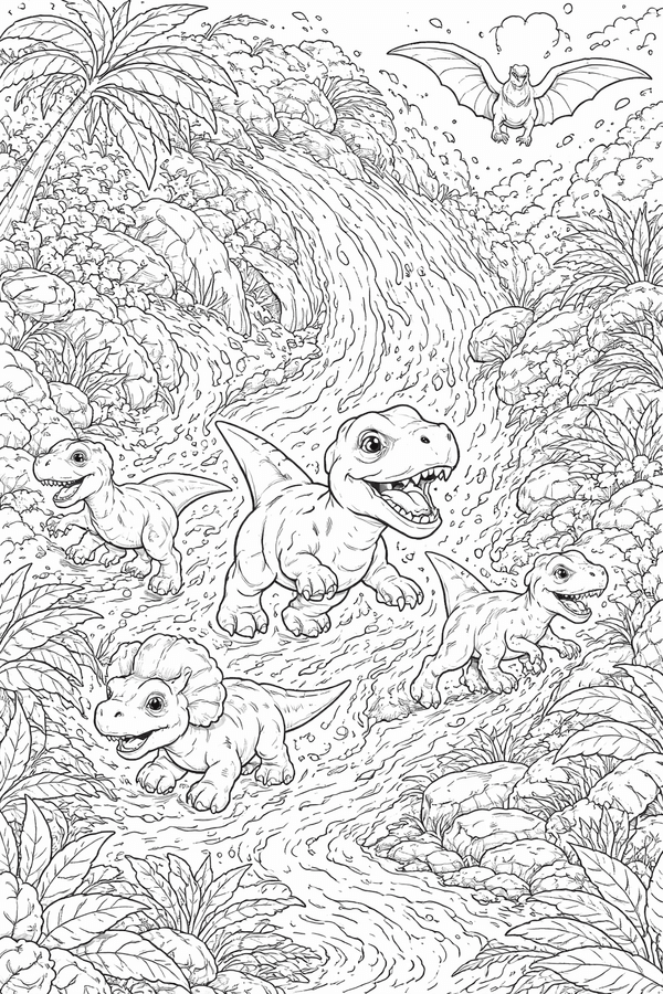 Small dinosaurs escaping a mudslide coloring page