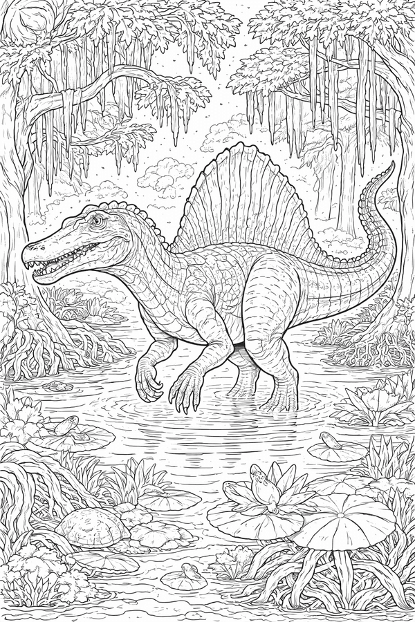 Spinosaurus wading through swamp waters coloring page