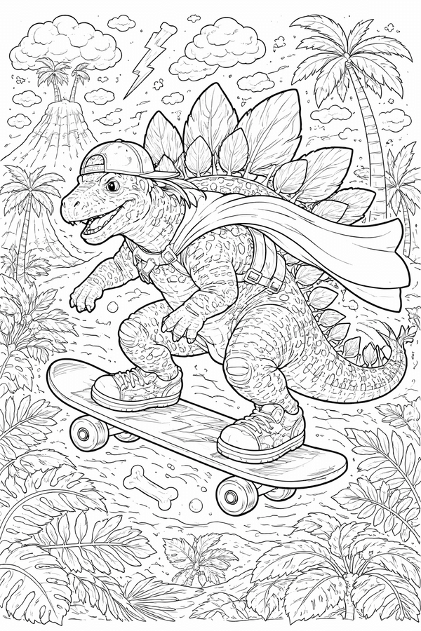 Stegosaurus riding a skateboard coloring page