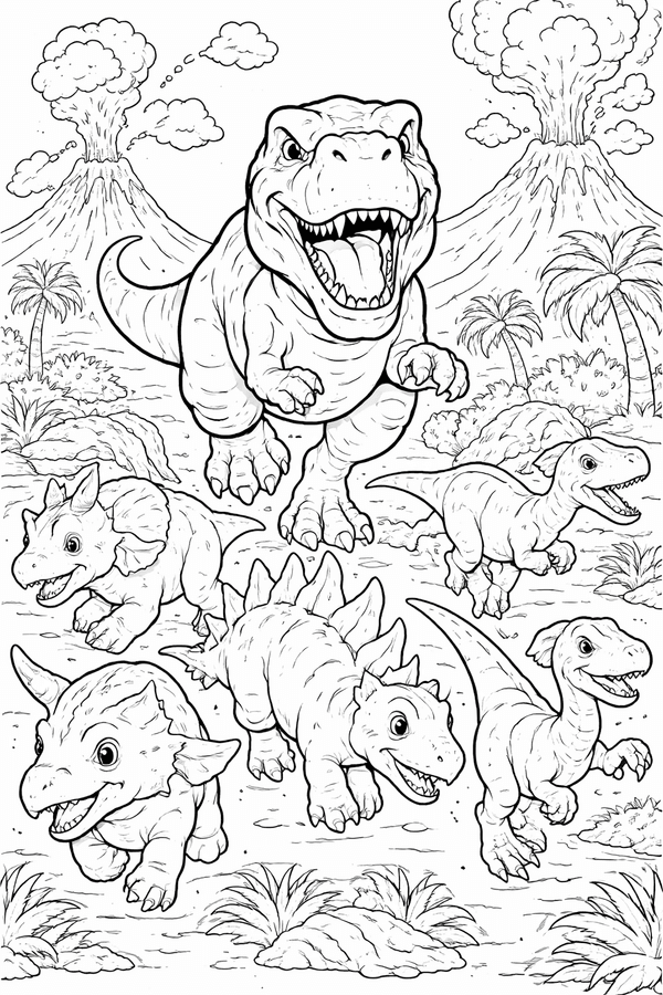 T-Rex chasing a herd of dinosaurs coloring page