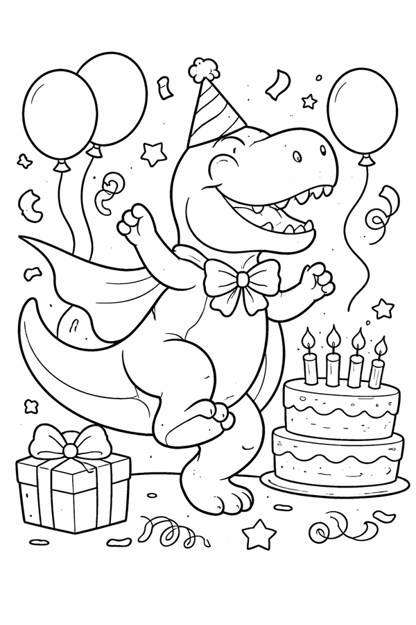 T-Rex dancing at a birthday party coloring page