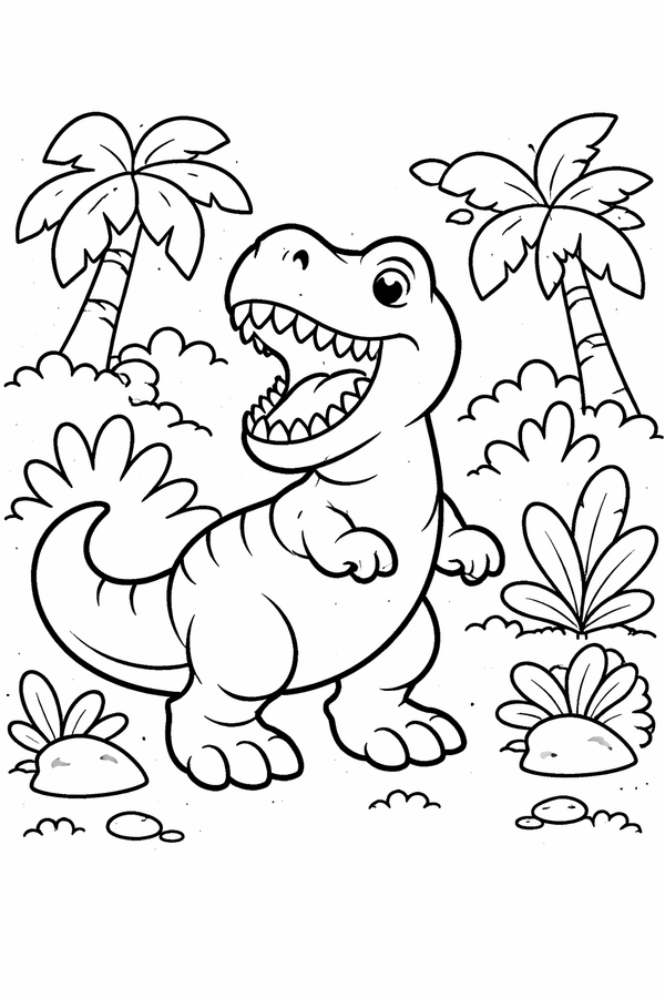 Tyrannosaurus roaring in the jungle coloring page