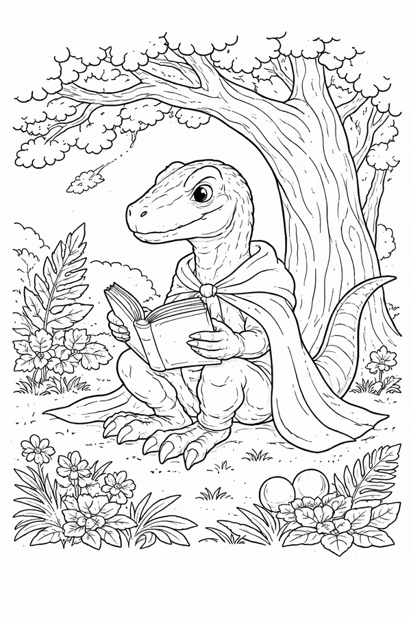 Velociraptor reading a book under a tree coloring page