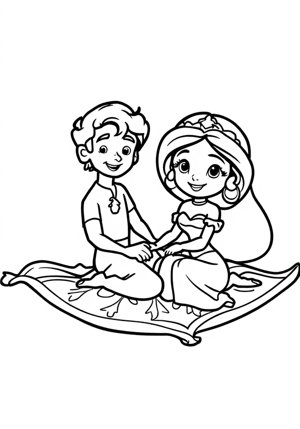 Aladdin and Jasmine riding a magic carpet coloring page