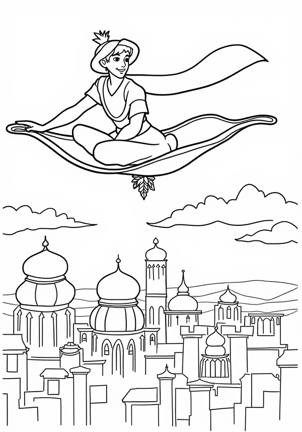 Aladdin riding the magic carpet over Agrabah coloring page