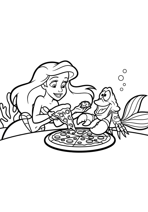 Ariel and Sebastian having an underwater pizza party coloring page