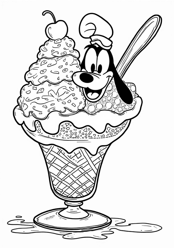 Goofy getting stuck in a giant ice cream sundae coloring page