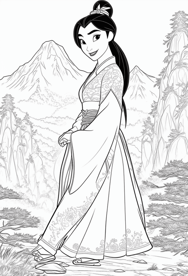 Mulan Disney character in the mountains of a forest coloring page