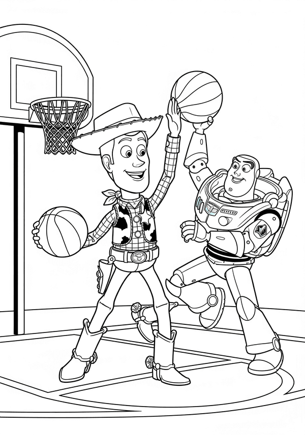 Toy Story Woody and Buzz Lightyear playing basketball coloring page