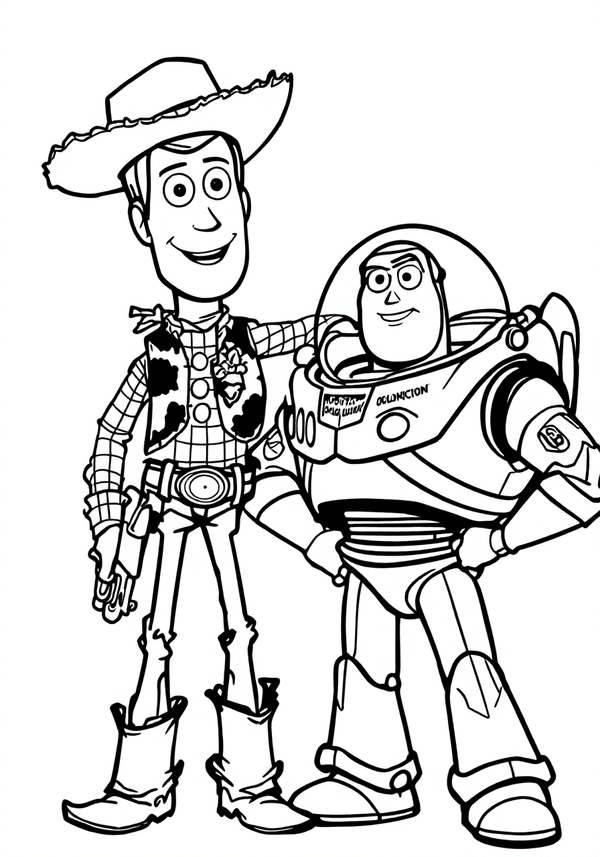Woody and Buzz preparing for a toy rescue coloring page