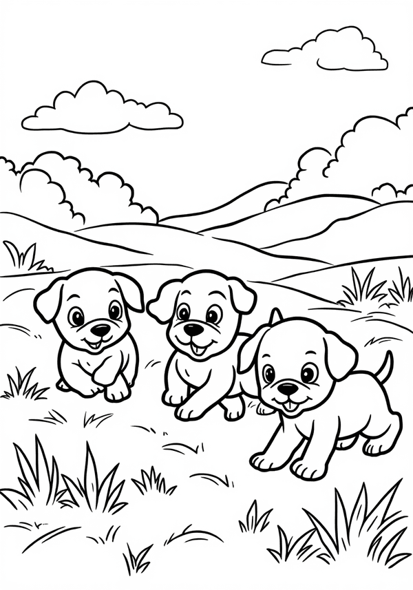 Puppies playing in a meadow coloring page
