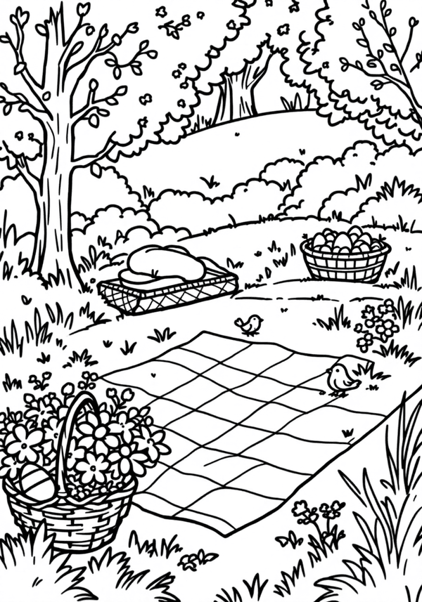 Easter picnic with bread and eggs in the park coloring page