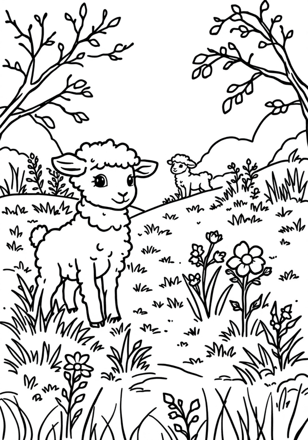 Lambs playing in a meadow on Easter morning coloring page