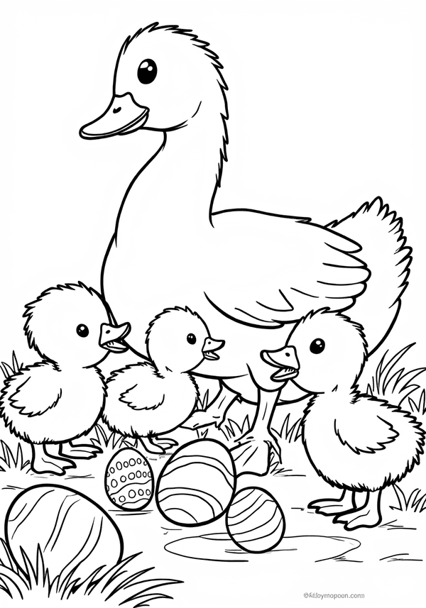 Mother duck with ducklings finding Easter eggs coloring page
