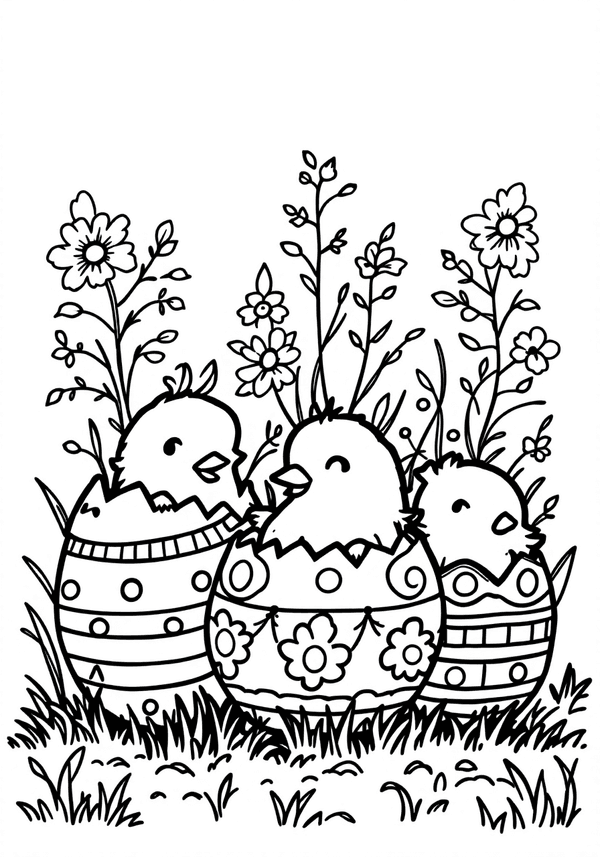 Spring chicks hatching from decorated Easter eggs coloring page