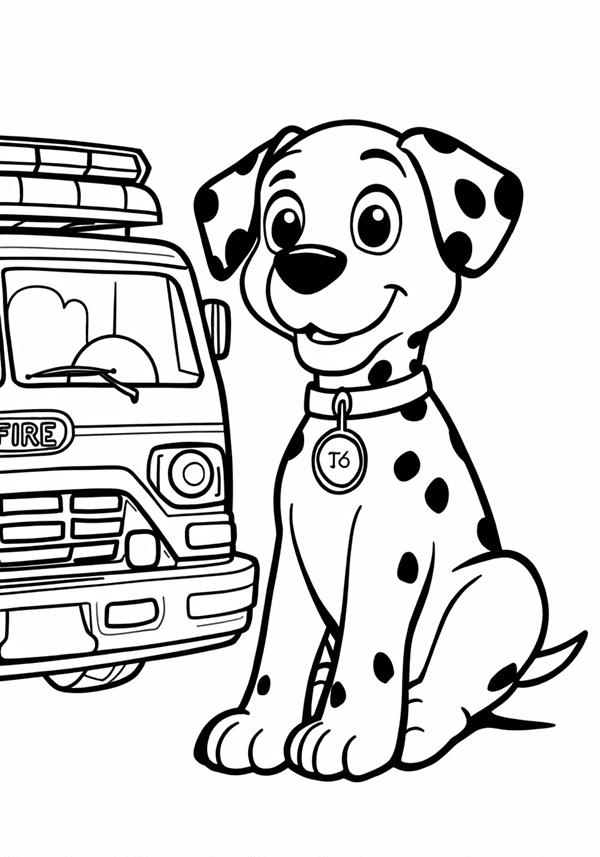 Dalmatian sitting beside a fire truck coloring page