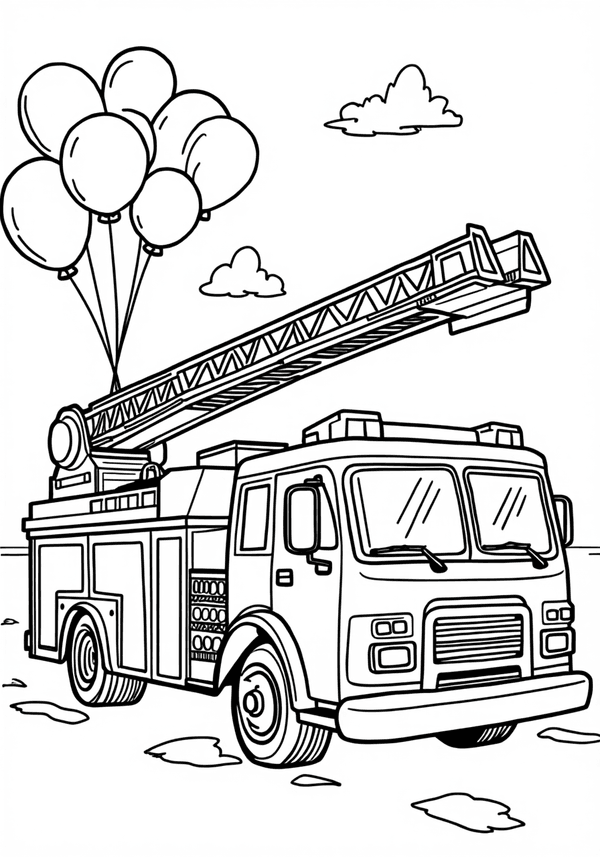 Fire truck delivering balloons to a birthday party coloring page