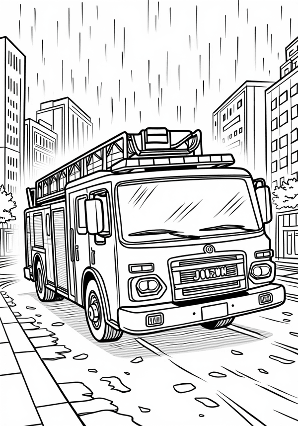 Fire truck driving through rainy streets coloring page