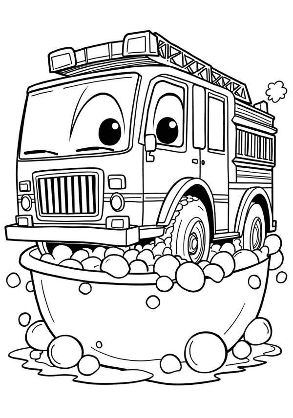 Fire truck getting stuck in a giant bubble bath coloring page