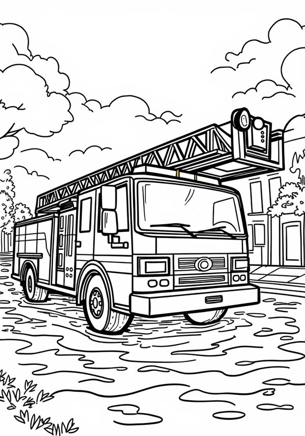 Fire truck helping at a flooded street coloring page
