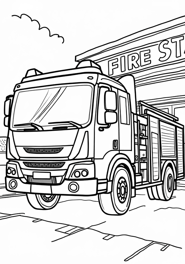 Fire truck parked at the fire station coloring page