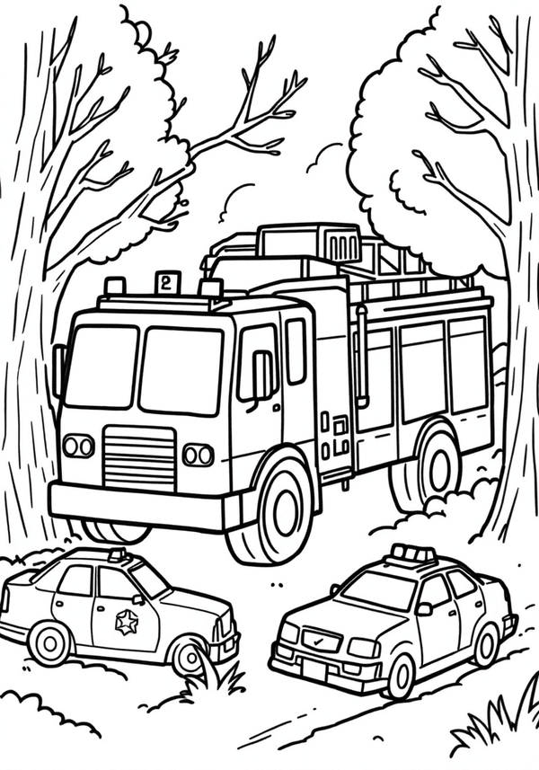 Fire truck playing hide and seek with police cars coloring page
