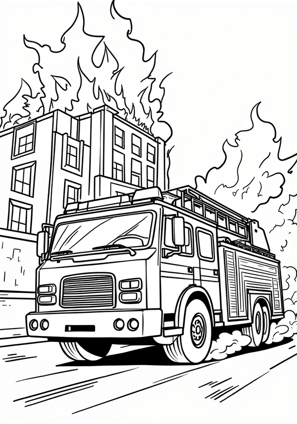 Fire truck racing to a burning building coloring page
