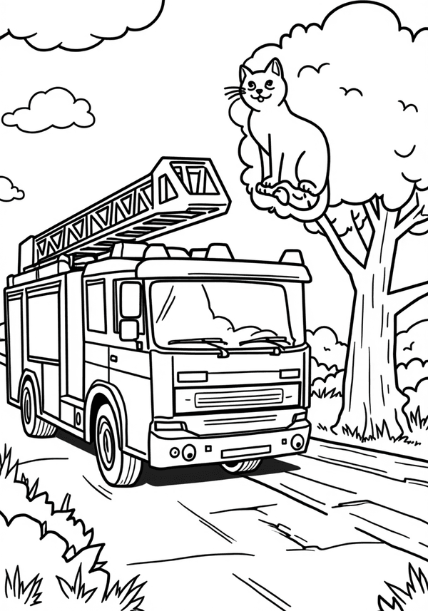 Fire truck rescuing a cat from a tree coloring page